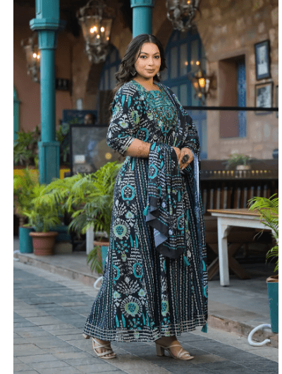 Plus size Anarkali Black Seagreen Kurti Dupatta Set of 2 - BONYHUBSALWAR KAMEEZ