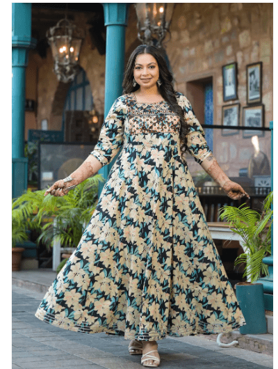 Plus size Anarkali Cream Floral Kurti Dupatta Set of 2 - BONYHUBSALWAR KAMEEZ