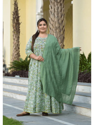 Plus size Anarkali Seagreen Kurti Dupatta Set of 2 - BONYHUBSALWAR KAMEEZ
