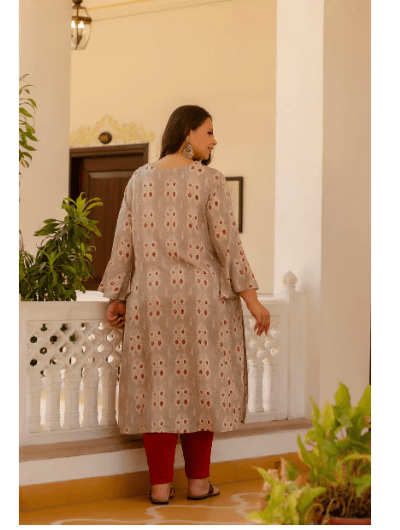 Plus size Beige Red Cotton Printed Kurti Gown - BONYHUBSALWAR KAMEEZ