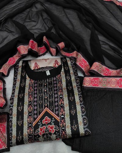 Plus Size Black Jaipuri Print Mirror Work Salwar Suit Set - BONYHUBSALWAR KAMEEZ