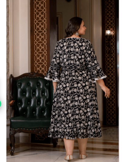 Plus size Black Lacework Cotton Printed Kurti Gown - BONYHUBSALWAR KAMEEZ