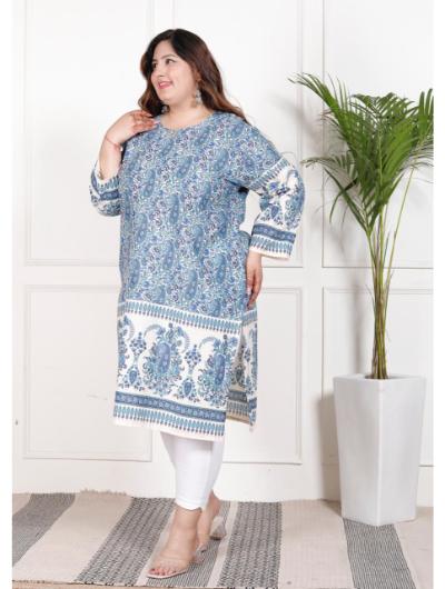 Plus Size Blue Cotton Printed Kurti UK Next Day - BONYHUBSALWAR KAMEEZ
