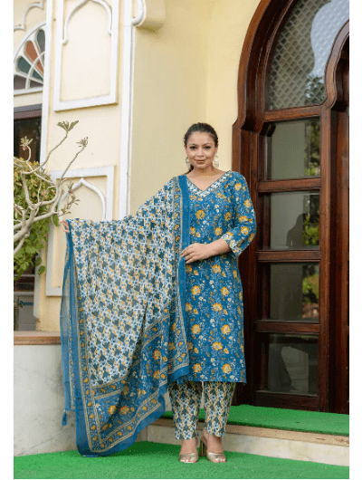 Plus Size Blue Yellow Straight Salwar Suit - BONYHUBSALWAR KAMEEZ