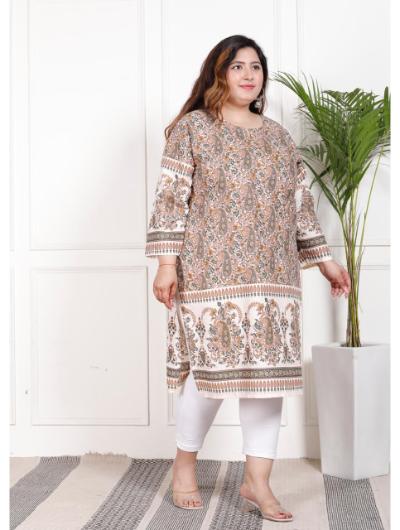 Plus Size Brown Cotton Printed Kurti - BONYHUBSALWAR KAMEEZ