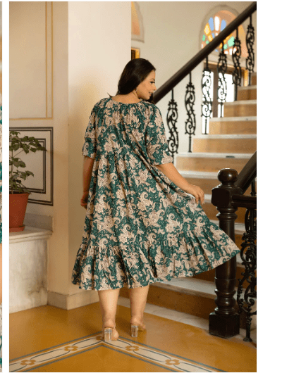 Plus size Green Cotton Printed Kurti Gown - BONYHUBSALWAR KAMEEZ