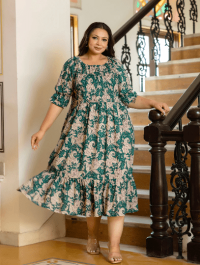 Plus size Green Cotton Printed Kurti Gown - BONYHUBSALWAR KAMEEZ