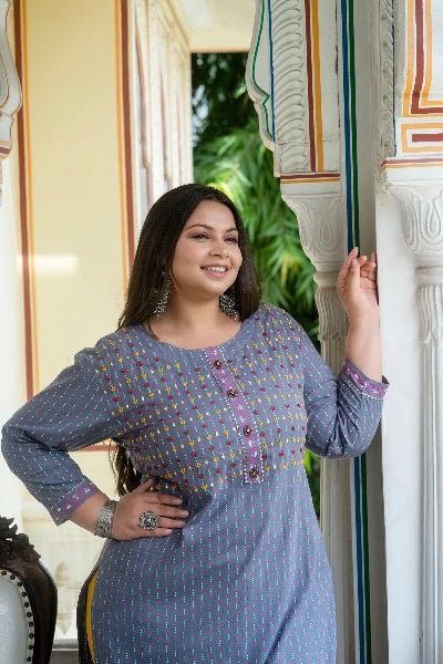 Plus Size Grey Pink Cotton Straight Kurti - BONYHUBSALWAR KAMEEZ