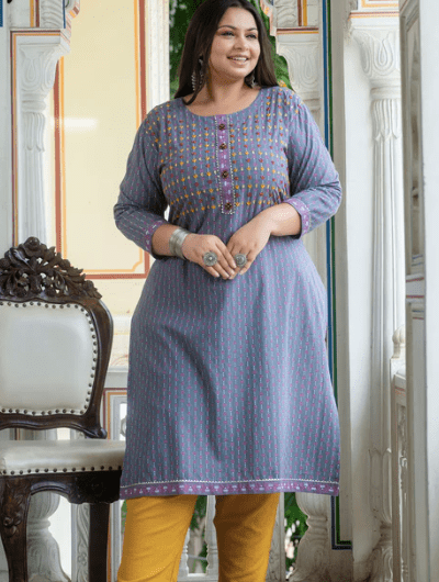 Plus Size Grey Pink Cotton Straight Kurti - BONYHUBSALWAR KAMEEZ