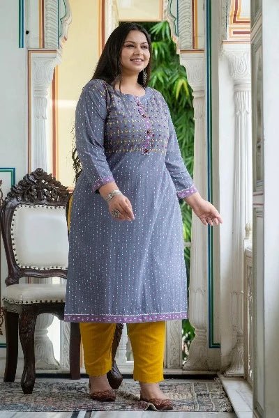Plus Size Grey Pink Cotton Straight Kurti - BONYHUBSALWAR KAMEEZ