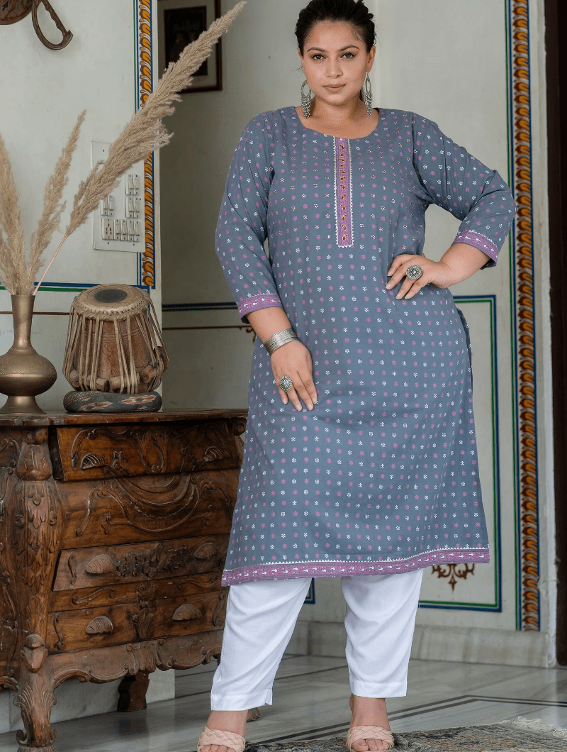 Plus Size Grey Pure Cotton Straight Kurti - BONYHUBSALWAR KAMEEZ