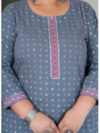 Plus Size Grey Pure Cotton Straight Kurti - BONYHUBSALWAR KAMEEZ