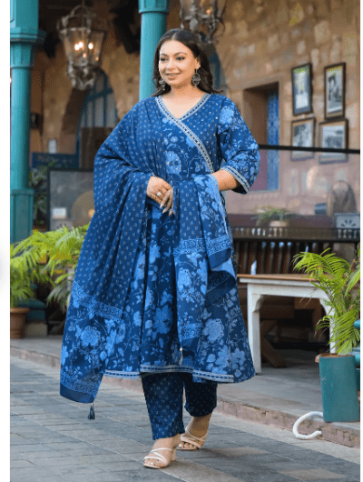 Plus Size Indigo Blue Anarkali Salwar Suit - BONYHUBSALWAR KAMEEZ