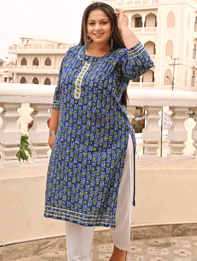 Plus Size Lapis Blue Cotton Kurti UK Next DAY - BONYHUBSALWAR KAMEEZ