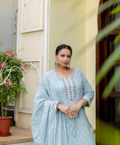 Plus Size Light Blue Cotton Salwar Suit Set - BONYHUBSALWAR KAMEEZ