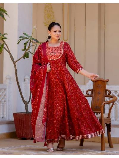 Plus size Maroon Jaipuri Print Kurti Dupatta Set of 2 - BONYHUBSALWAR KAMEEZ