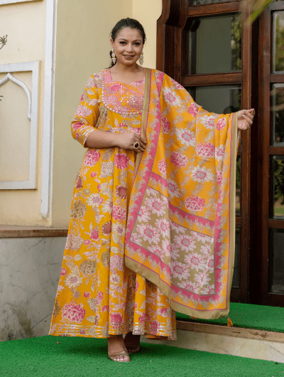 Plus size Mustard Embroidered Anarkali Kurta & Dupatta Set - BONYHUBSALWAR KAMEEZ