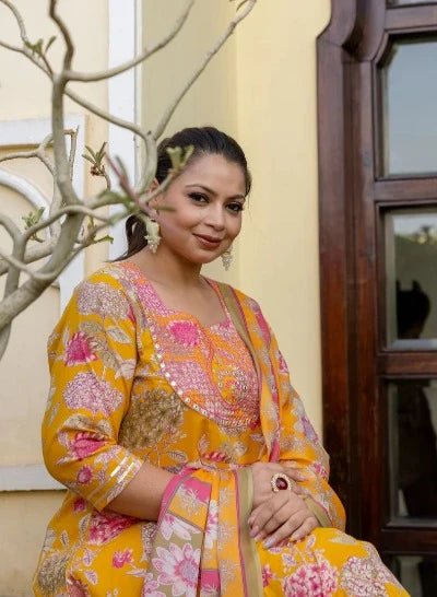 Plus size Mustard Embroidered Anarkali Kurta & Dupatta Set UK Next Day - BONYHUBSALWAR KAMEEZ