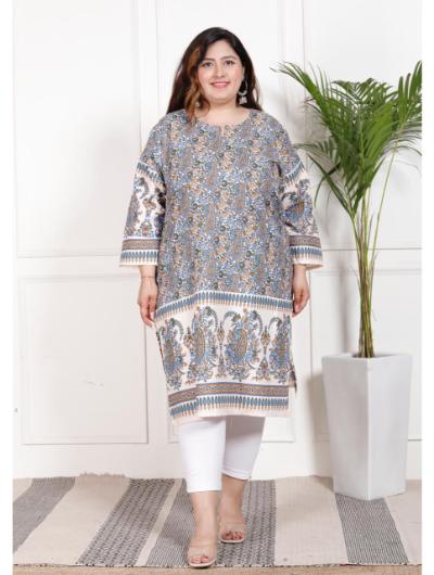 Plus Size Navy Blue Cotton Printed Kurti - BONYHUBSALWAR KAMEEZ