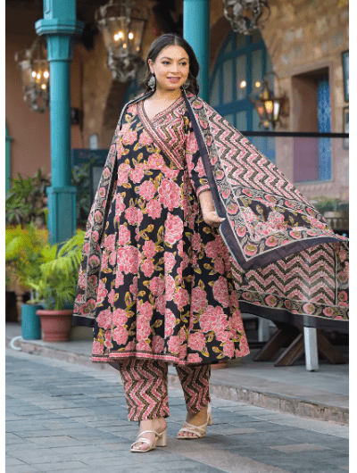 Plus Size Pink Black Floral Anarkali Salwar Suit - BONYHUBSALWAR KAMEEZ