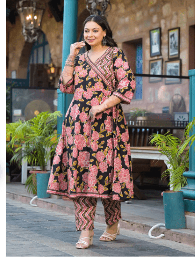 Plus Size Pink Black Floral Anarkali Salwar Suit - BONYHUBSALWAR KAMEEZ