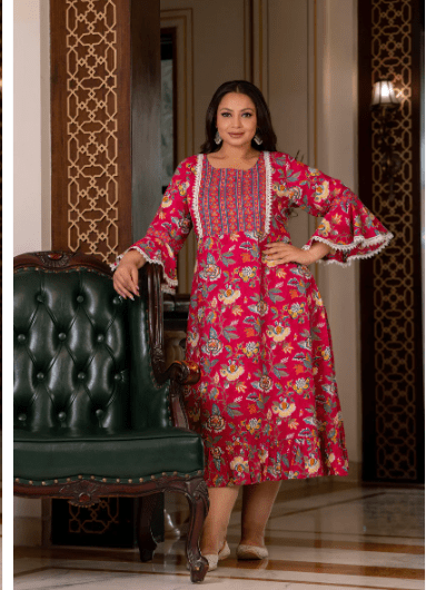 Plus size Pink Cotton Printed Kurti Gown - BONYHUBSALWAR KAMEEZ