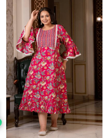 Plus size Pink Cotton Printed Kurti Gown - BONYHUBSALWAR KAMEEZ