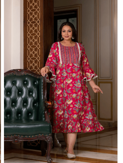Plus size Pink Cotton Printed Kurti Gown - BONYHUBSALWAR KAMEEZ