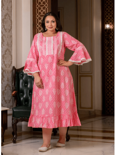 Plus size Pink Lacework Cotton Printed Kurti Gown - BONYHUBSALWAR KAMEEZ