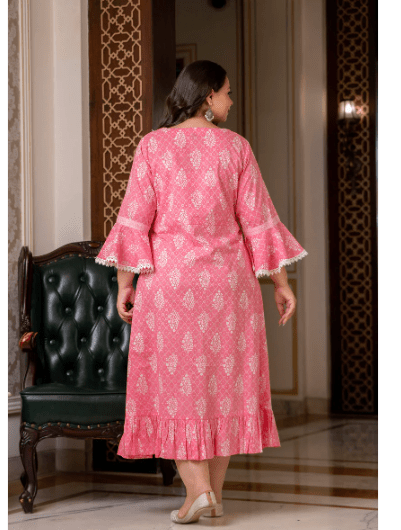Plus size Pink Lacework Cotton Printed Kurti Gown - BONYHUBSALWAR KAMEEZ