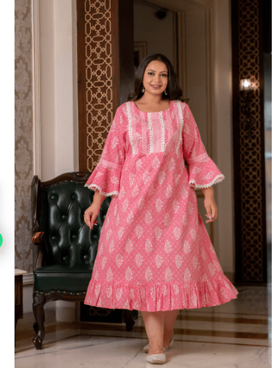 Plus size Pink Lacework Cotton Printed Kurti Gown - BONYHUBSALWAR KAMEEZ
