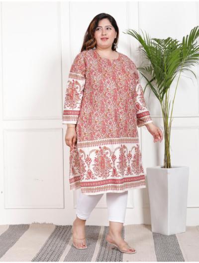 Plus Size Red Cotton Printed Kurti - BONYHUBSALWAR KAMEEZ