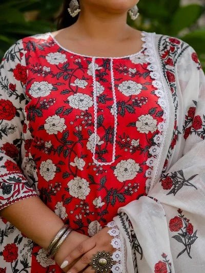 Plus Size Red White Floral Cotton Printed Readymade Salwar Suit - BONYHUBSALWAR KAMEEZ