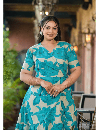 Plus Size Seagreen Cotton Printed Dress - BONYHUBSALWAR KAMEEZ