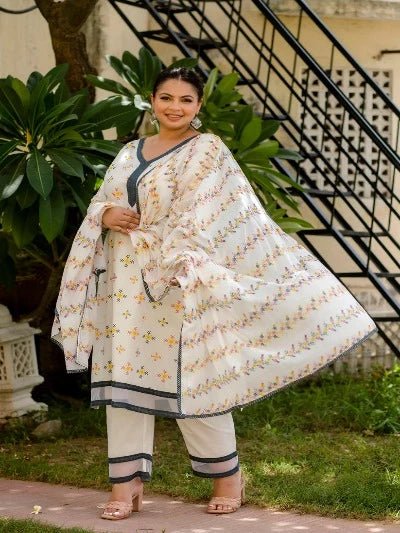 Plus Size White Cotton Jaipuri Print Readymade Salwar Suit - BONYHUBSALWAR KAMEEZ