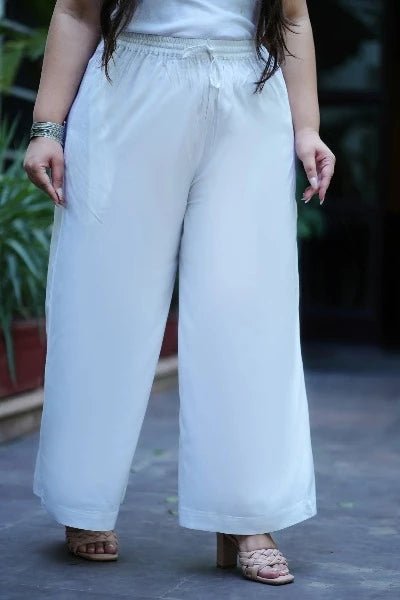 Plus size White Rayon Wide Leg Palazzo - BONYHUBSALWAR