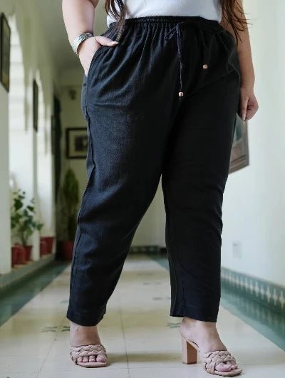 Plus size Women Black Cotton Trouser Pant - BONYHUBSALWAR
