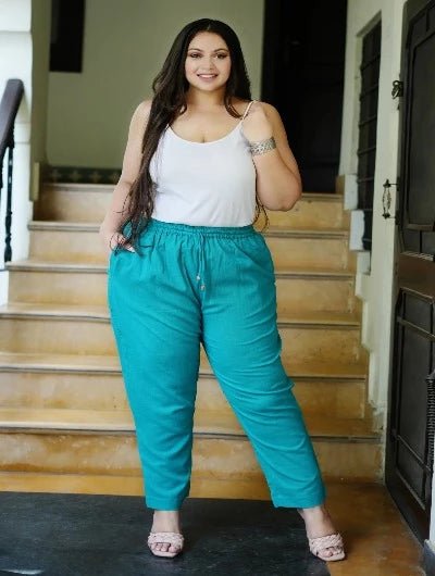 Plus size Women Turquoise Cotton Trouser Pant - BONYHUBSALWAR