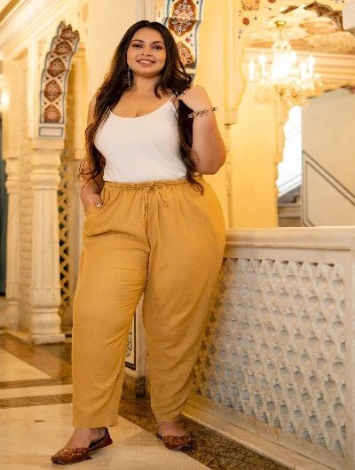 Plus size Women Yellow Cotton Trouser Pant - BONYHUBSALWAR