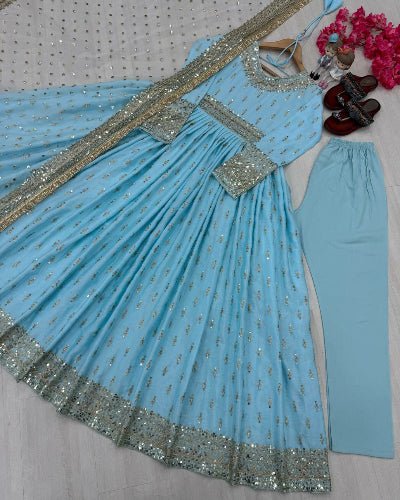 Powder Blue Designer Chinon Silk Embroidered Anarkali Suit - BONYHUBSALWAR KAMEEZ