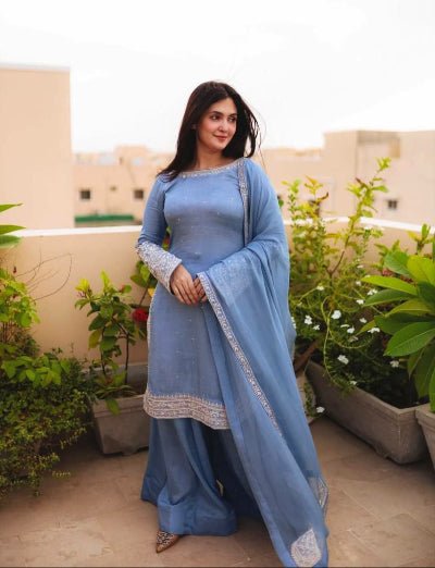 Powder Blue Faux Georgette Farshi Suit Set - BONYHUBSALWAR KAMEEZ
