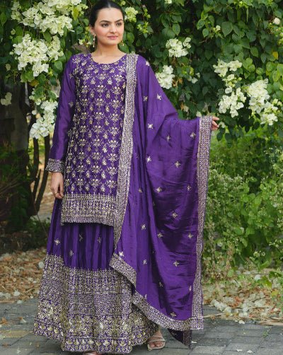 Purple Chinon Silk Full Sleeves Sharara Palazzo Suit Set - BONYHUBSALWAR KAMEEZ