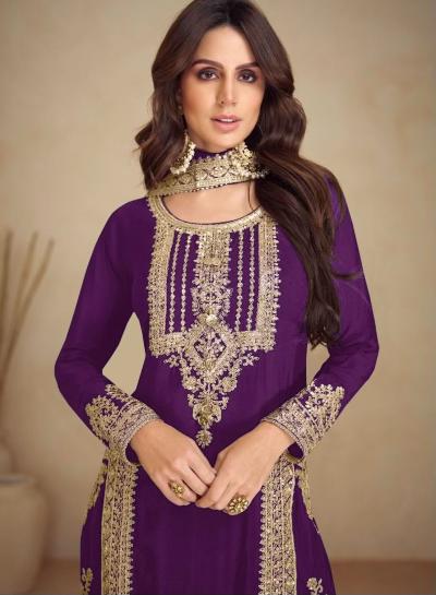 Purple Chinon Silk Partywear Attractive Suit Set - BONYHUBSALWAR KAMEEZ