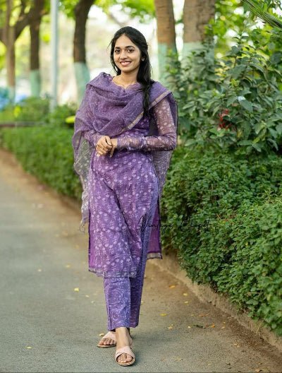 Purple Cotton Straight Salwar Suit Set - BONYHUBSALWAR KAMEEZ