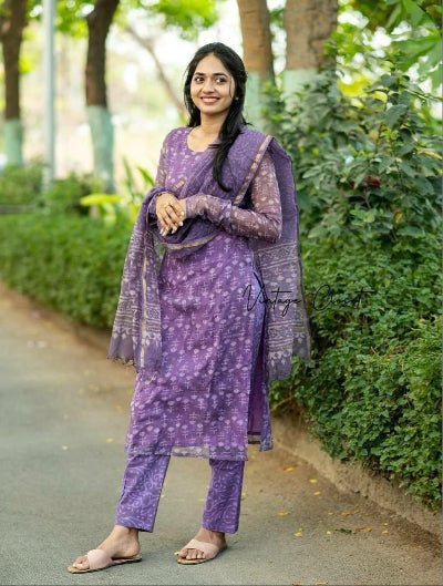 Purple Cotton Straight Salwar Suit Set - BONYHUBSALWAR KAMEEZ