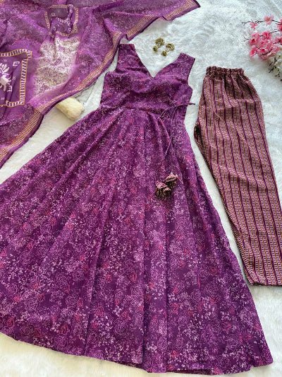 Purple Digital Printed Cotton Flair Anarkali Suit Set - BONYHUBSALWAR KAMEEZ