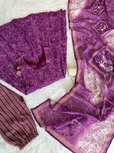 Purple Digital Printed Cotton Flair Anarkali Suit Set - BONYHUBSALWAR KAMEEZ