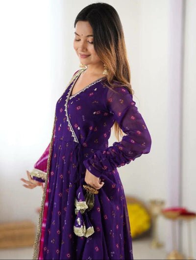 Purple Georgette Anarkali Suit Pink Leheriya Dupatta - BONYHUBSALWAR KAMEEZ