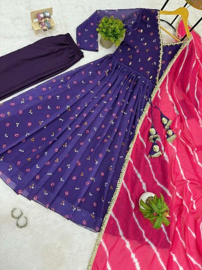Purple Georgette Anarkali Suit Pink Leheriya Dupatta - BONYHUBSALWAR KAMEEZ