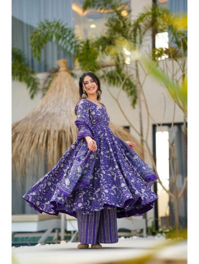 Purple Printed Cotton Anarkali Suit (Set of 3) - BONYHUBSALWAR KAMEEZ